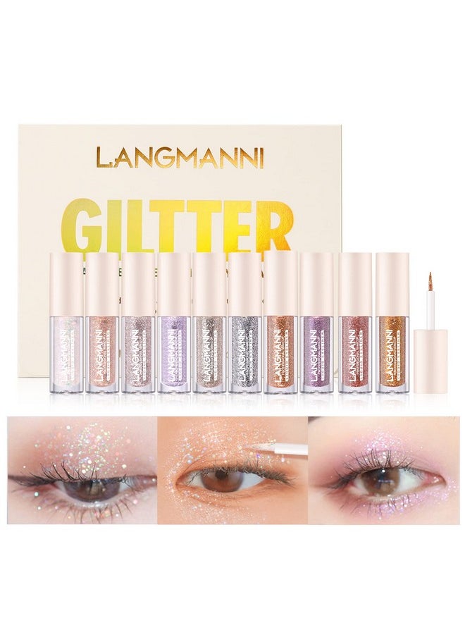 LANGMANNI 10Pcs Liquid Glitter Eyeshadow Korean Makeup Set, Shimmer,Pigmented,Long Lasting,Quick Drying,Easy to Apply Crystals Glitter Eyeshadow (10pcs Set)