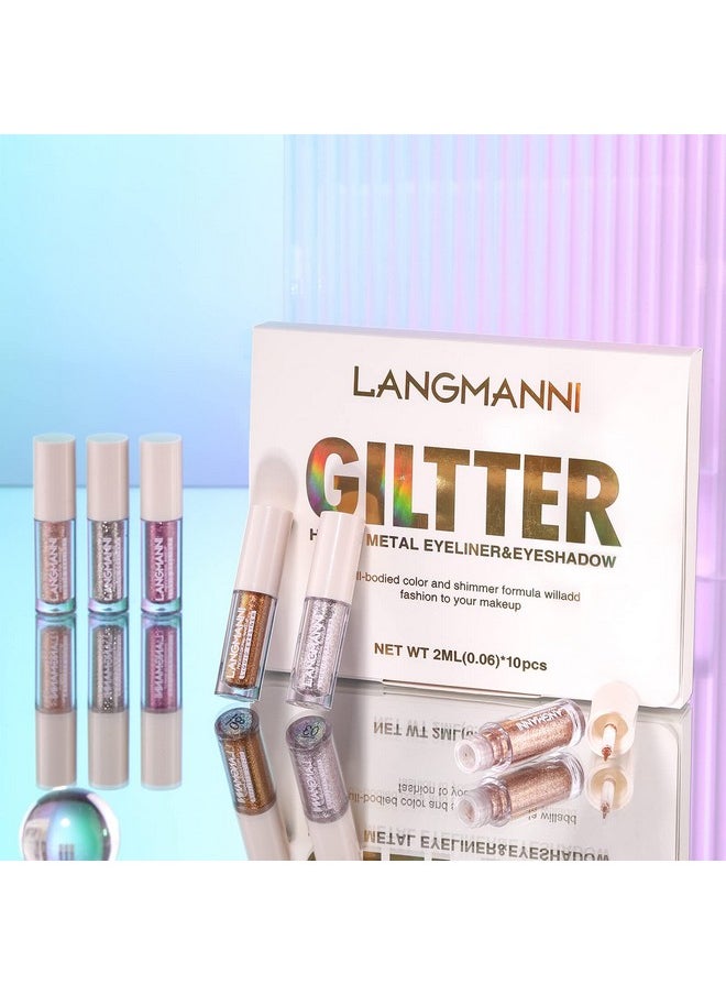 LANGMANNI 10Pcs Liquid Glitter Eyeshadow Korean Makeup Set, Shimmer,Pigmented,Long Lasting,Quick Drying,Easy to Apply Crystals Glitter Eyeshadow (10pcs Set)
