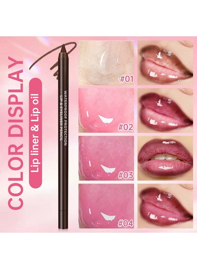 HOSAILY 4 Colors Hydrating Lip Oil Plumping + Lip Liner Set, Shiny Glow Reviver Lip Care Oil, Moisturizing Big Brush Head Clear Pink Glitter Transparent Lip Gloss Combo Makeup Present for Women