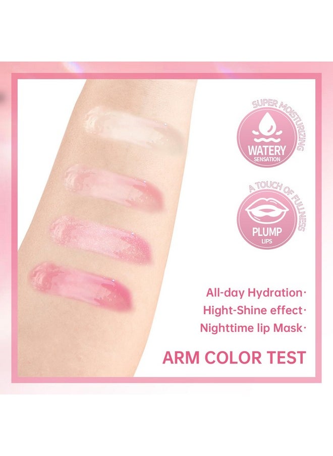 HOSAILY 4 Colors Hydrating Lip Oil Plumping + Lip Liner Set, Shiny Glow Reviver Lip Care Oil, Moisturizing Big Brush Head Clear Pink Glitter Transparent Lip Gloss Combo Makeup Present for Women