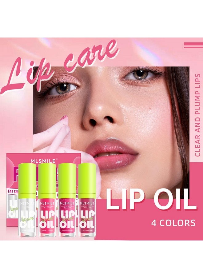 HOSAILY 4 Colors Hydrating Lip Oil Plumping + Lip Liner Set, Shiny Glow Reviver Lip Care Oil, Moisturizing Big Brush Head Clear Pink Glitter Transparent Lip Gloss Combo Makeup Present for Women