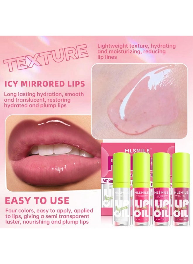 HOSAILY 4 Colors Hydrating Lip Oil Plumping + Lip Liner Set, Shiny Glow Reviver Lip Care Oil, Moisturizing Big Brush Head Clear Pink Glitter Transparent Lip Gloss Combo Makeup Present for Women