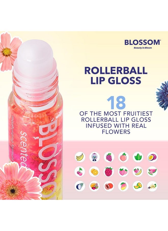 Blossom Roll on Lip Gloss, Scented Clear High Shine Moisturizing Lip Oil, Non Sticky, Infused with Real Flowers, Made in USA, 0.3 fl. oz./9ml, 3 pack Mini Gift Set, Strawberry, Watermelon, Mango