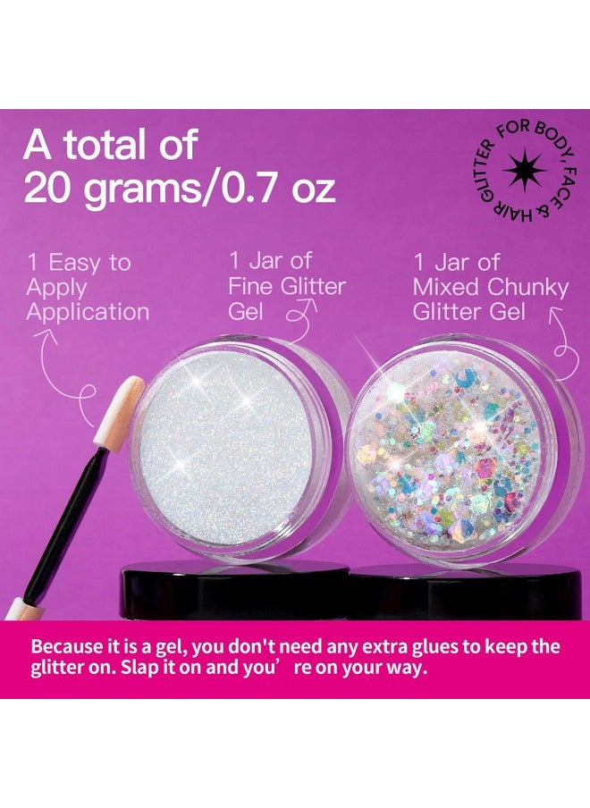 Teenitor Face Glitter, 2pcs Body Glitter Gel, Hair Glitter Gel, 20g/0.7oz Versatile Glitter Set for Face, Body, Hair, 2 Sizes White Glitter Gel for Makeup