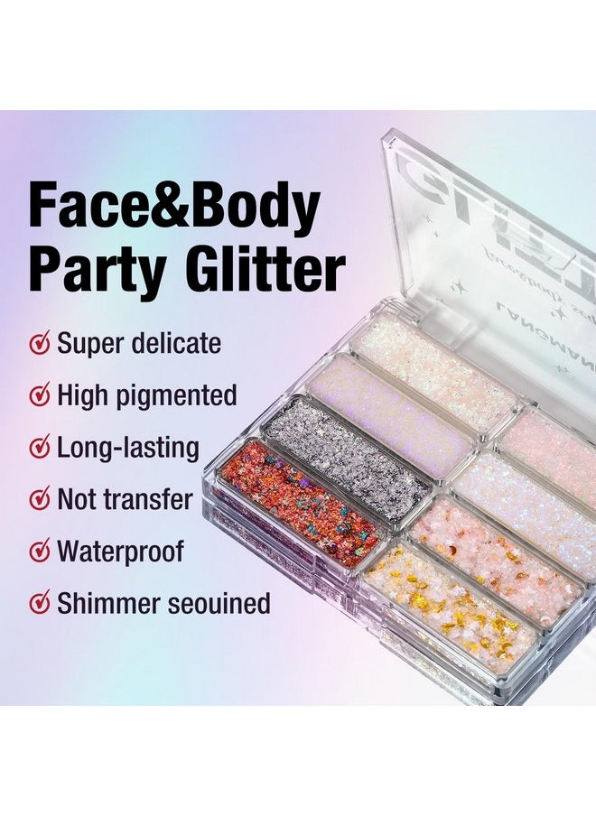 LANGMANNI 8 Colors Face & Body Glitter Palette - Holographic Changing Sparkling Mermaid Sequins for Women Girls Music Festival Party Rave Makeup(#A)