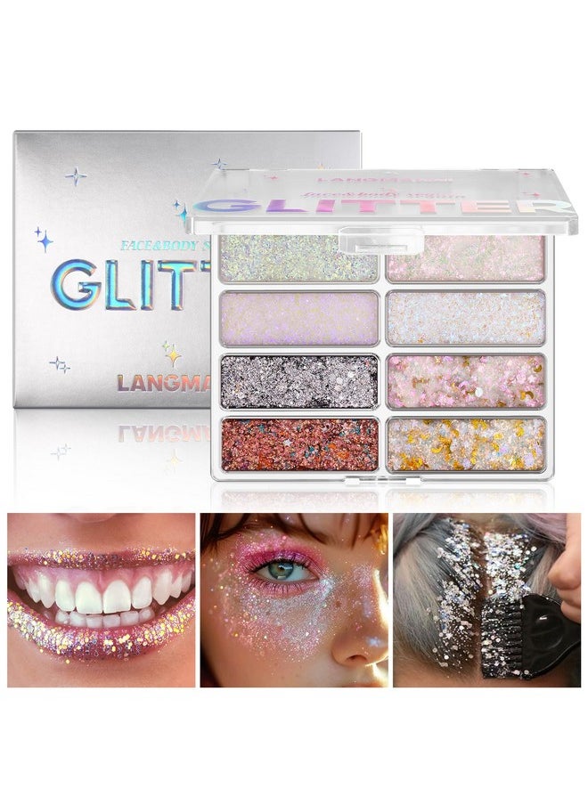 LANGMANNI 8 Colors Face & Body Glitter Palette - Holographic Changing Sparkling Mermaid Sequins for Women Girls Music Festival Party Rave Makeup(#A)