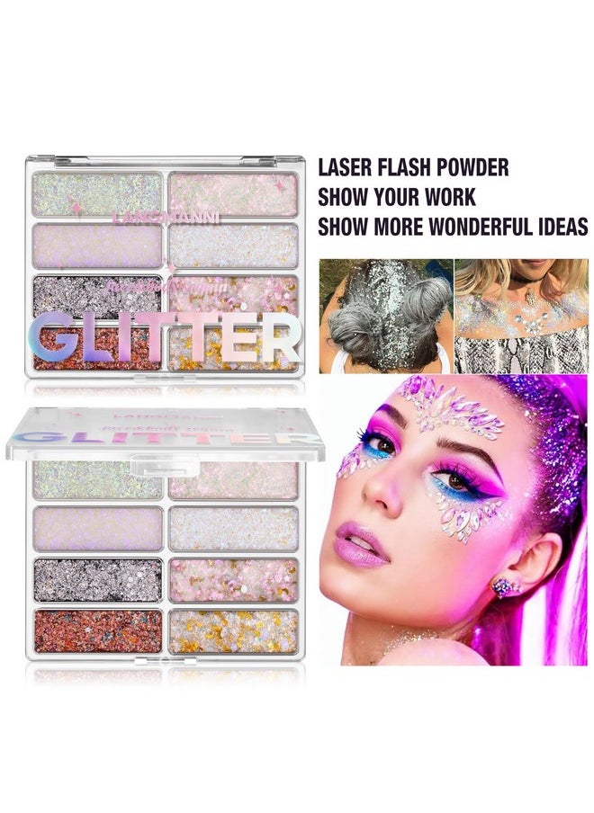 LANGMANNI 8 Colors Face & Body Glitter Palette - Holographic Changing Sparkling Mermaid Sequins for Women Girls Music Festival Party Rave Makeup(#A)