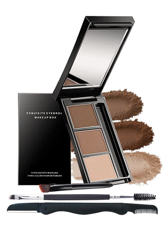 Eyebrow Powder Makeup Kit-3 Colors Eye Brow Powder Palette Long-Lasting Waterproof, Dark/light Brown Brow Filler, Fill & Sculpt Full Eyebrows for Women, With Mirror, Brow Brush & Razor-Set 02