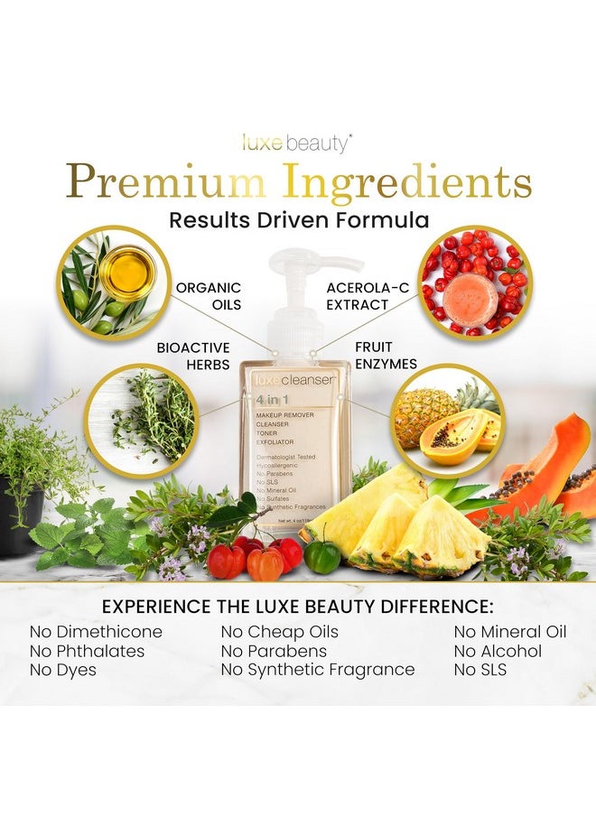 Luxe Cleanser All-in-One Hypoallergenic Face Cleanser + Natural Makeup Remover Face Wash + Exfoliator for All Skin Types - No Parabens, No Silicones - W/ Organic Botanicals: Thyme, Pineapple & Papaya