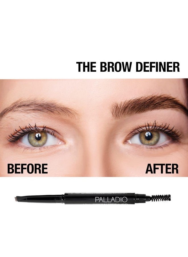 Palladio Brow Definer Retractable Pencil, Triangular Tip Fills Brows for a Natural Look, Tame and Shape Eyebrows with Spoolie Brush, Eyebrow Shaper, Buildable Light to Dark Colors, (Taupe)