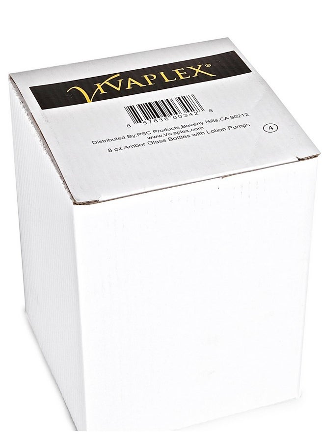 Vivaplex, 4, Large, 8 oz, Empty, Amber Glass Bottles with Black Lotion Pumps