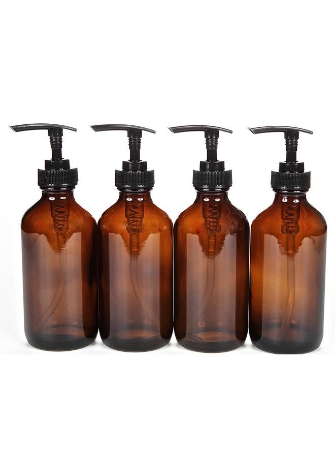 Vivaplex, 4, Large, 8 oz, Empty, Amber Glass Bottles with Black Lotion Pumps