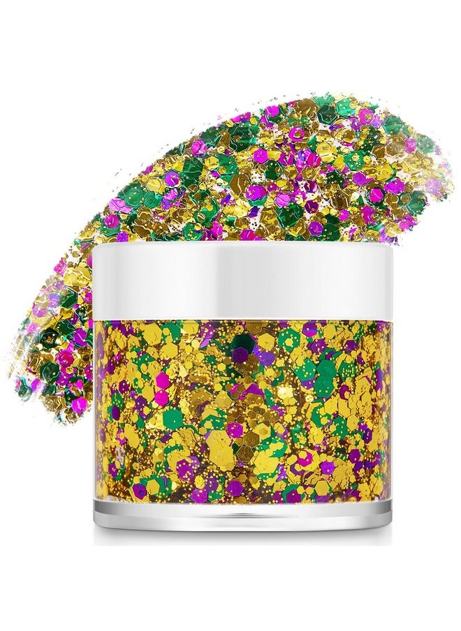Paminify Mardi Gras Face Glitter,Green Purple Gold Mixed Holographic Chunky Body Glitter Gel,Mardi Gras Glitter,Festival Sequins for Face and Body, New Orleans Decorative Carnival Decorations
