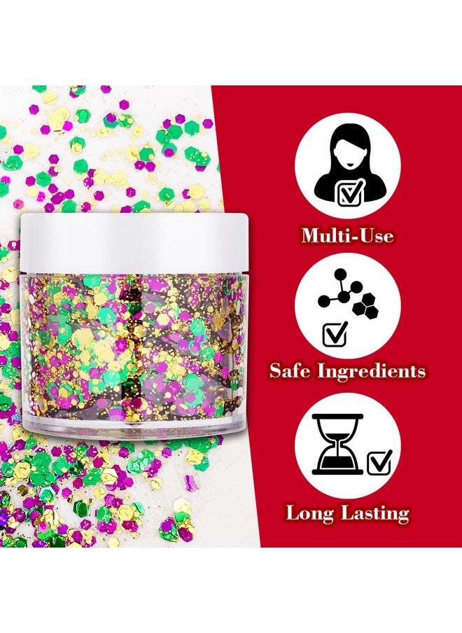 Paminify Mardi Gras Face Glitter,Green Purple Gold Mixed Holographic Chunky Body Glitter Gel,Mardi Gras Glitter,Festival Sequins for Face and Body, New Orleans Decorative Carnival Decorations