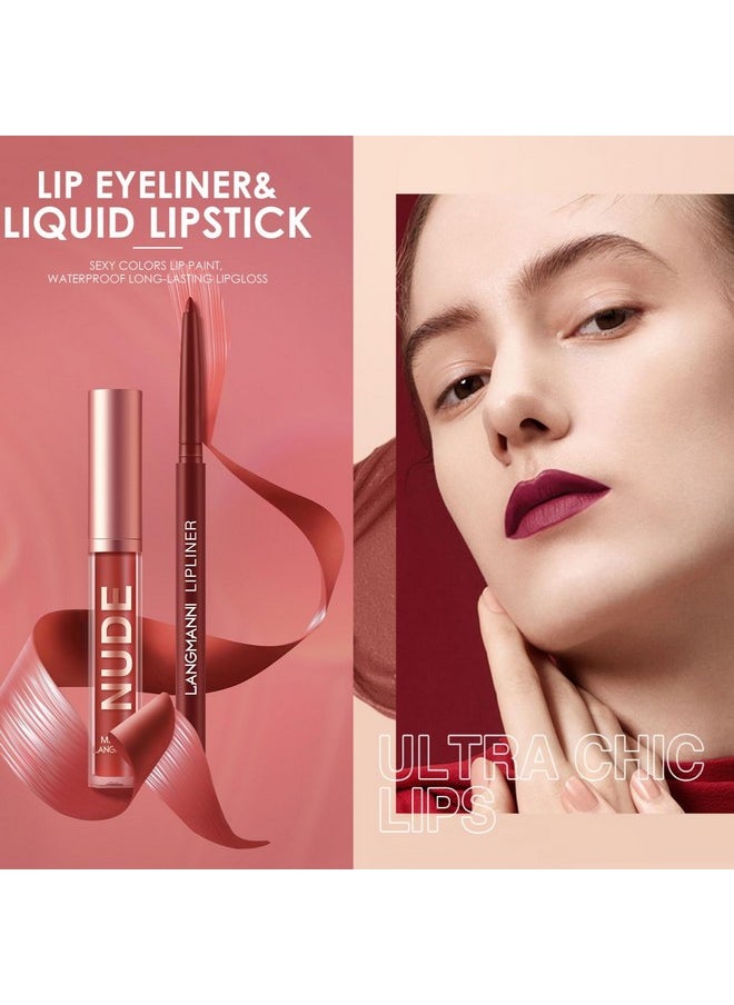 LANGMANNI 6 Matte Lipstick with 6 Lipliners Durable Makeup Set,Long-Lasting Non-Stick Cup Not Fade Waterproof Pigmented Velvet Lipgloss Kit Beauty Cosmetics Makeup Gift for Girls (#A)