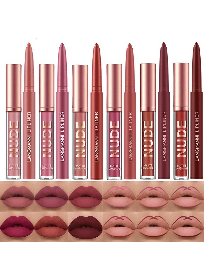LANGMANNI 6 Matte Lipstick with 6 Lipliners Durable Makeup Set,Long-Lasting Non-Stick Cup Not Fade Waterproof Pigmented Velvet Lipgloss Kit Beauty Cosmetics Makeup Gift for Girls (#A)