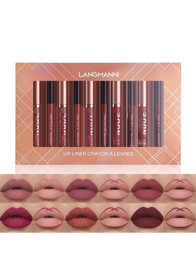 LANGMANNI 6 Matte Lipstick with 6 Lipliners Durable Makeup Set,Long-Lasting Non-Stick Cup Not Fade Waterproof Pigmented Velvet Lipgloss Kit Beauty Cosmetics Makeup Gift for Girls (#A)