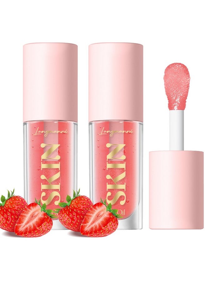 LANGMANNI Hydrating Lip Glow Oil,Moisturizing Nourishing Lip Oil,Light Colour Gloss Tinting And Non-sticky Lip Oil For Dry Lips Lip Care (Strawberry 2Pcs)