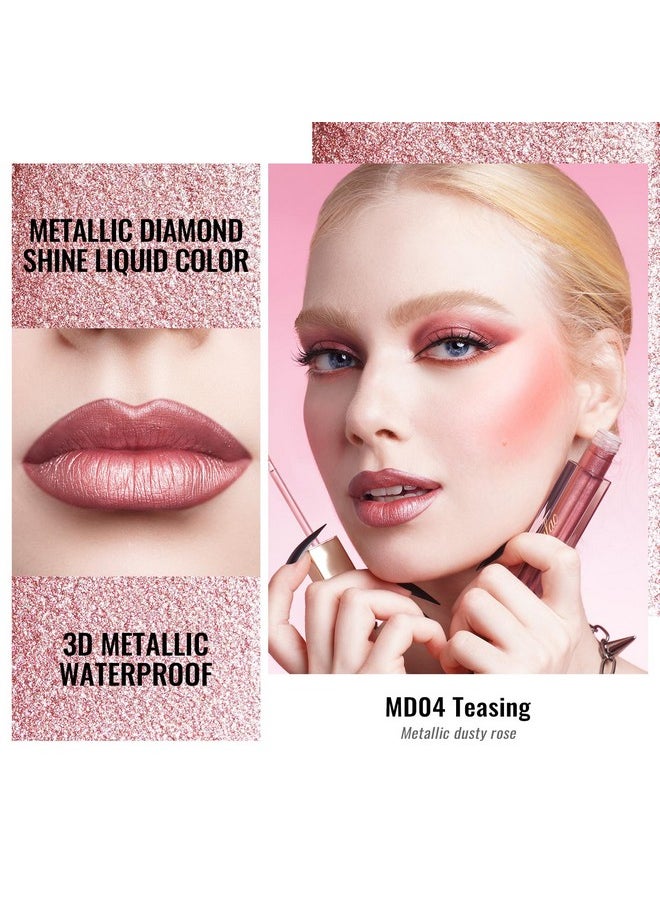 Oulac Pink Lip Gloss Metallic Shine Lipstick for Women, Long Lasting Waterproof, High Impact Lip Color, Smooth Aslo for Eyeshadow 3D Metallic Finish, No Transfer, Vegan, 4.5ml, MD04