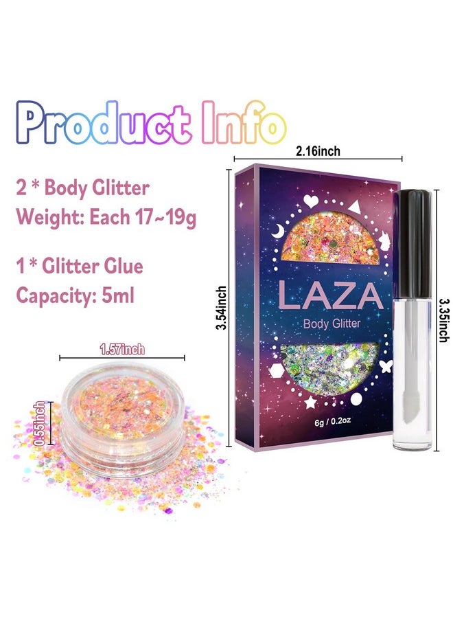 Laza Mardi Gras Body Glitter, 2 Jars Gold Purple Green Chunky Sequins with Glue Women Eyeshadow Fat Tuesday Face Paint Festival Rave Outfit Hair Accessories Party Costumes - Mardi Gras Carnival