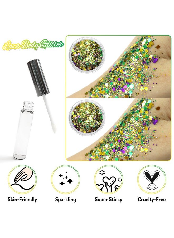 Laza Mardi Gras Body Glitter, 2 Jars Gold Purple Green Chunky Sequins with Glue Women Eyeshadow Fat Tuesday Face Paint Festival Rave Outfit Hair Accessories Party Costumes - Mardi Gras Carnival
