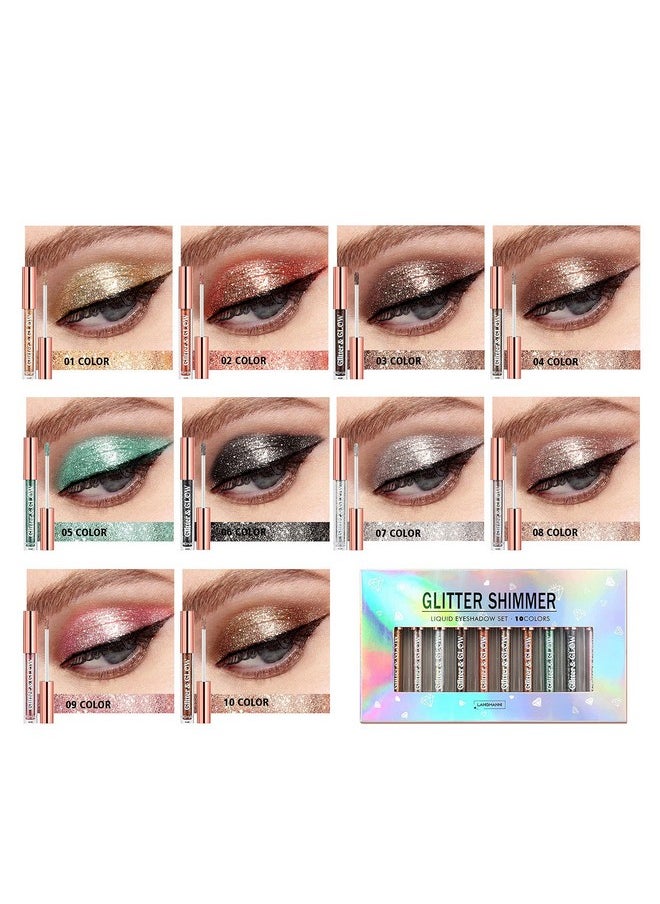 BestLand 10 Colors Liquid Glitter Eyeshadow Set, Metallic Glitter Shimmer Naked Smokey Eye Looks Waterproof Long Lasting Quick-Drying Sparkling Eye Shadow Christmas Makeup Kits