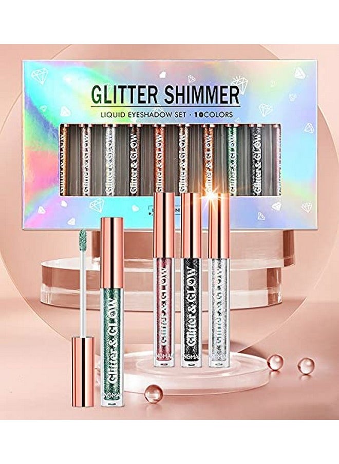 BestLand 10 Colors Liquid Glitter Eyeshadow Set, Metallic Glitter Shimmer Naked Smokey Eye Looks Waterproof Long Lasting Quick-Drying Sparkling Eye Shadow Christmas Makeup Kits