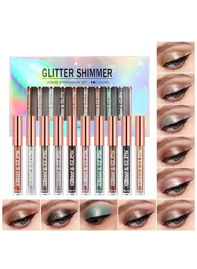 BestLand 10 Colors Liquid Glitter Eyeshadow Set, Metallic Glitter Shimmer Naked Smokey Eye Looks Waterproof Long Lasting Quick-Drying Sparkling Eye Shadow Christmas Makeup Kits