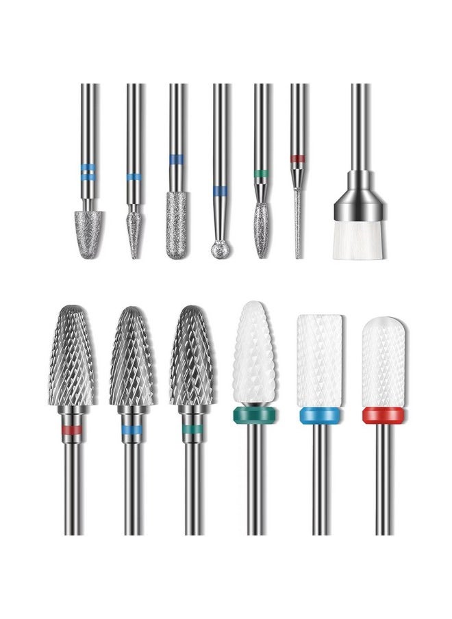 Depvko 13PC Nail Drill Bits Set, Drill Bits for Nails, 3pcs Tungsten Carbide Drill Bits+ 3pcs Ceramic Efile Nail Drill Bits+ 6pcs Diamond Drill Bits+ 1pcs Brush, 3/32 inch Nail Bits for Nail Drill