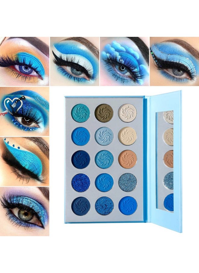 DE'LANCI Space Blue Eyeshadow Palette 15 Color Cosmetics Pressed Pigment Christmas Snowflake Eye Shadow Pallete Matte Shimmer Glitter Drama Makeup Eye Shadow Powder Long Lasting Blue Makeup Pallet