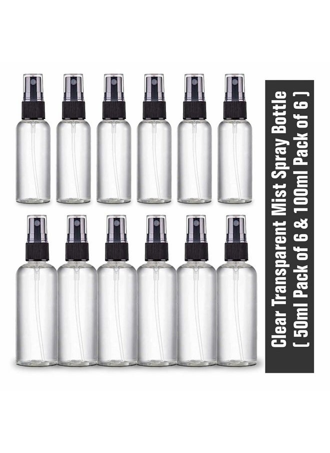 Zollyss Spray Bottles Clear Empty Fine Mist Plastic Mini Travel Bottle Set, Small Refillable Liquid Containers (50 Ml (6 Pc)+100 Ml (6 Pc))