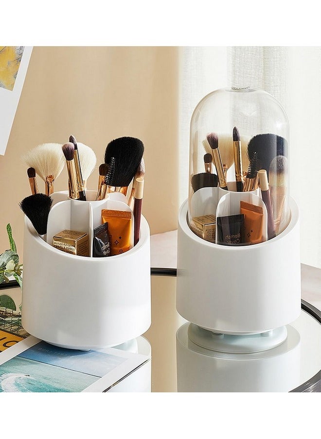wolpin 1 Pc Cosmetic Makeup Brush Storage Holder 360° Rotating Dust-proof Organiser Lipstick Pen Storage Box Stand for Dressing Table (12.2 x 23.3 cm, White)