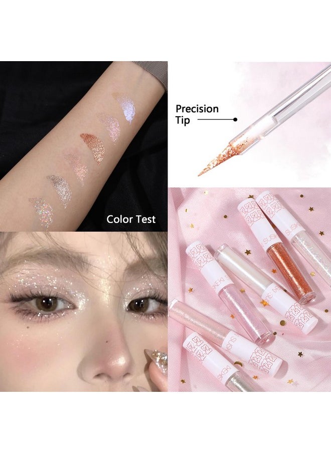 6Pcs Liquid Glitter Eyeshadow Eyeliner, Korean Makeup, Bling Under Eye Shadow, Shimmer Eye Make Up Valentine's Day Gift Set,Long Lasting,Quick Drying & Pigmented Loose Glitter Glue for Crystals Makeup