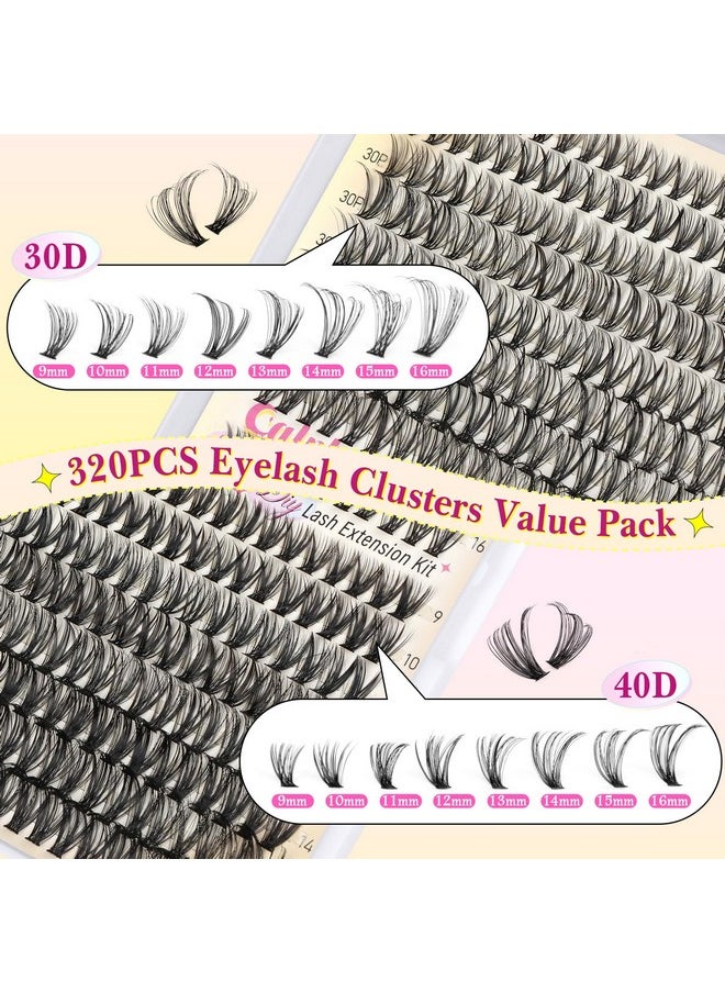 Eyelash Extension Kit 320PCS Lashes Clusters 30D+40D Lash Extension Kit 9-16mm Wispy Cluster Eyelash Extensions Kit with Lash Bond and Seal Tweezers Natural Lash Clusters Kit for Beginners