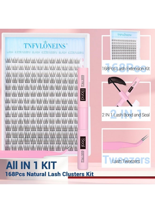 Natural Lash Extension Kit 168Pcs Lash Clusters Kit Wispy Eyelash Extensions 9-12MM Individual Lashes Extensions with Bond and Seal Lash Glue and Eyelash Extension Tweezers DIY at Home by TNFVLONEINS