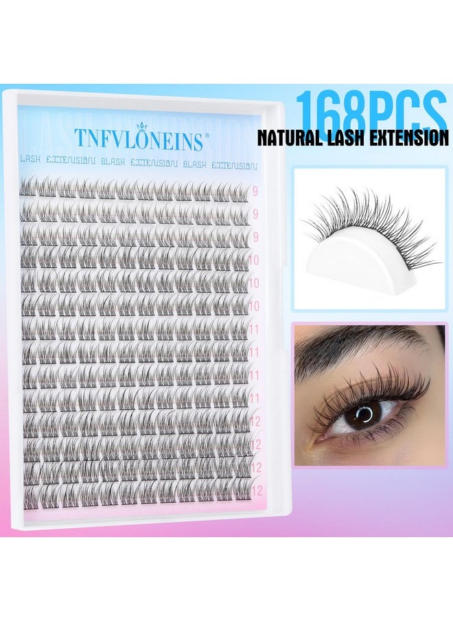Natural Lash Extension Kit 168Pcs Lash Clusters Kit Wispy Eyelash Extensions 9-12MM Individual Lashes Extensions with Bond and Seal Lash Glue and Eyelash Extension Tweezers DIY at Home by TNFVLONEINS