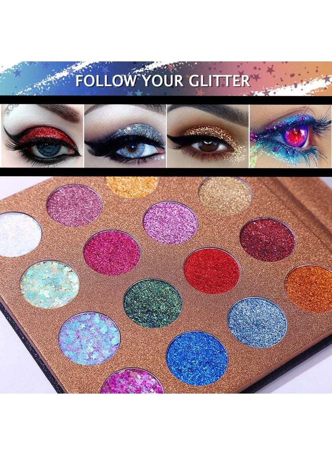 UCANBE Pro Glitter Eyeshadow Palette - Professional 16 Colors - Chunky & Fine Pressed Glitter Eye Shadow Powder Makeup Pallet Highly Pigmented Ultra Shimmer for Face Body