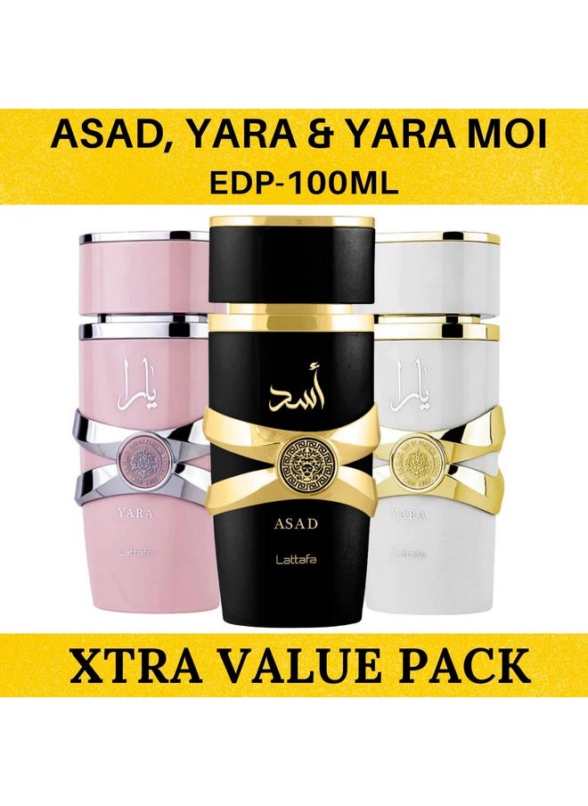 Lattafa for Unisex 3 Piece Eau de Parfum Gift Set (Yara for Women + Yara Moi for Women + Asad for Men) 3.4 Ounce/100 ml each