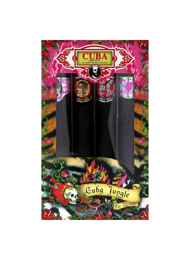 Cuba Original by Parfums Des Champs Jungle Collection 4-Piece Perfume Variety Gift Set - Includes Cuba Snake, Cuba Tiger, Cuba Zebra, and Cuba Heartbreaker - 1.17 Oz Perfume (EDP) Each