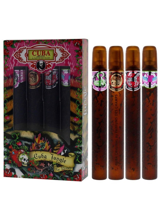 Cuba Original by Parfums Des Champs Jungle Collection 4-Piece Perfume Variety Gift Set - Includes Cuba Snake, Cuba Tiger, Cuba Zebra, and Cuba Heartbreaker - 1.17 Oz Perfume (EDP) Each
