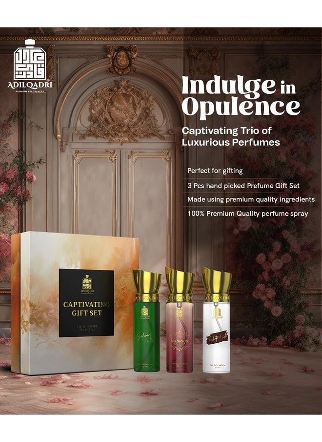 Adilqadri Captivating Trio Luxury Perfume Gift Set (3 x 20ml) | With Shanaya, White Oud, Safwan Perfume, Unisex Strong Woody, Fruity, Amber Long Lasting EDP Fragrance Set
