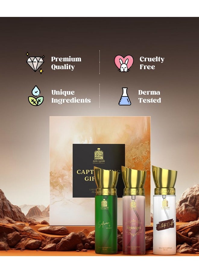 Adilqadri Captivating Trio Luxury Perfume Gift Set (3 x 20ml) | With Shanaya, White Oud, Safwan Perfume, Unisex Strong Woody, Fruity, Amber Long Lasting EDP Fragrance Set