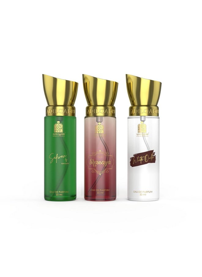 Adilqadri Captivating Trio Luxury Perfume Gift Set (3 x 20ml) | With Shanaya, White Oud, Safwan Perfume, Unisex Strong Woody, Fruity, Amber Long Lasting EDP Fragrance Set