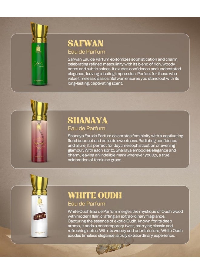Adilqadri Captivating Trio Luxury Perfume Gift Set (3 x 20ml) | With Shanaya, White Oud, Safwan Perfume, Unisex Strong Woody, Fruity, Amber Long Lasting EDP Fragrance Set