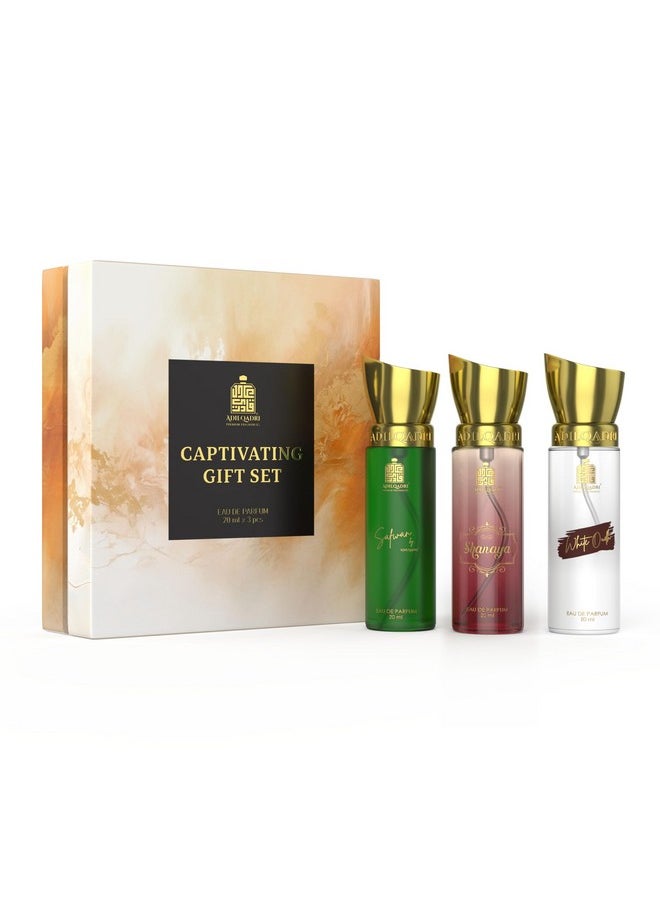 Adilqadri Captivating Trio Luxury Perfume Gift Set (3 x 20ml) | With Shanaya, White Oud, Safwan Perfume, Unisex Strong Woody, Fruity, Amber Long Lasting EDP Fragrance Set