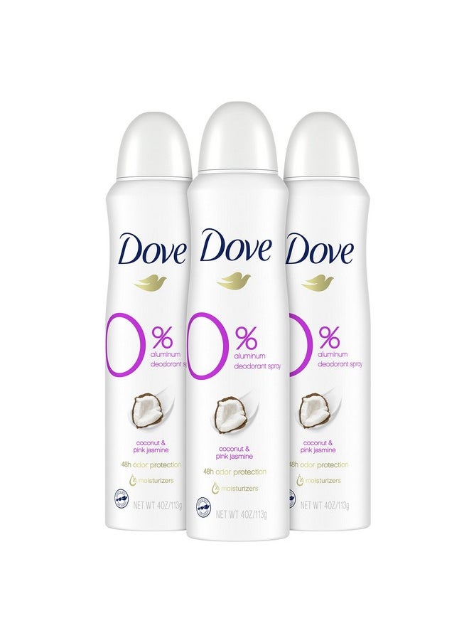 Dove 0 percent Deodorant Spray For 48 Hour Protection Coconut and Pink Jasmine Aluminum Free Deodorant 4 oz 3 Count, White, 4 Ounce (Pack of 3)