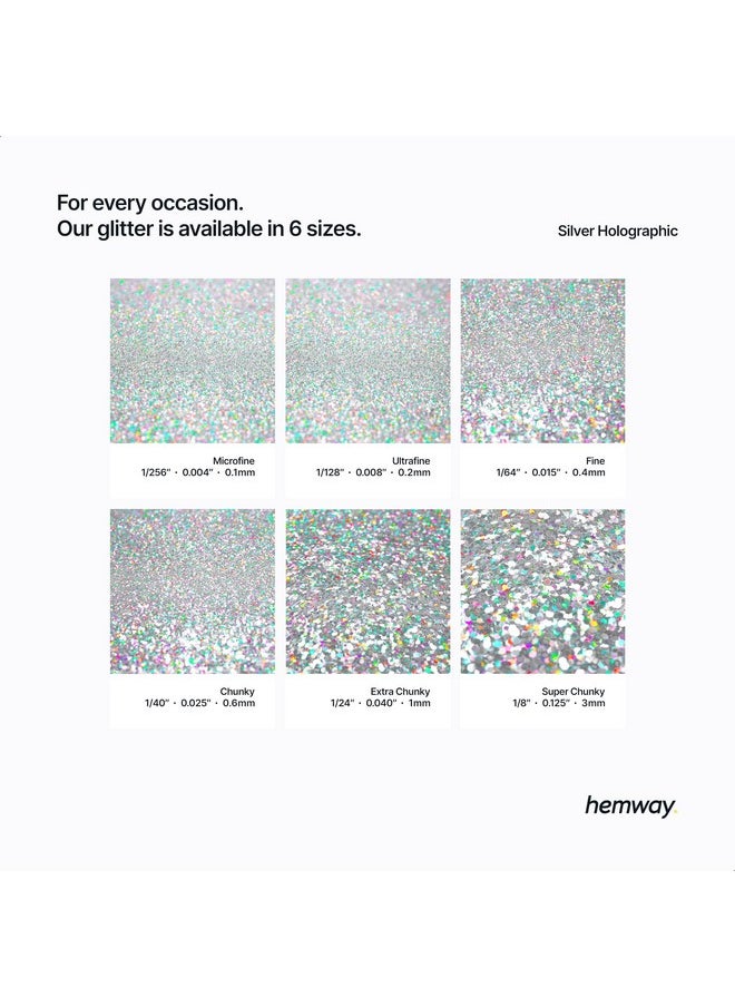 Hemway Premium Ultra Sparkle Glitter Multi-Purpose Metallic Flake for Nail Art, Cosmetic Graded, Makeup, Festival and Hair 100g / 3.5oz - Microfine (1/256 0.004 0.1mm) - Silver Holographic