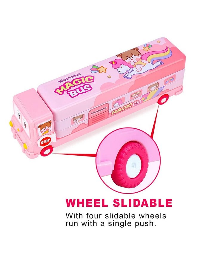 FAMOUS QUALITY® 2 in 1 - Cartoon Printed School Bus Metal Pencil Box with Moving Tyres and Sharpener for Kids | Geometry Box (Color-Pink)