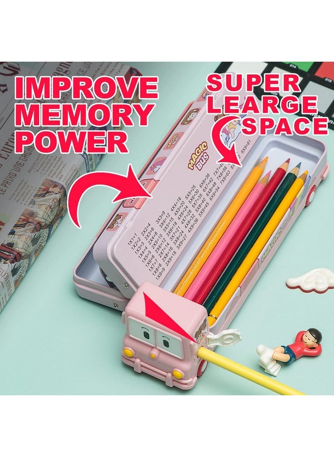 FAMOUS QUALITY® 2 in 1 - Cartoon Printed School Bus Metal Pencil Box with Moving Tyres and Sharpener for Kids | Geometry Box (Color-Pink)