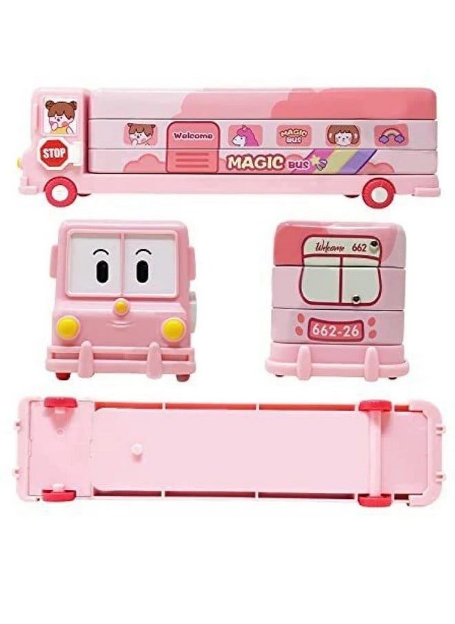 FAMOUS QUALITY® 2 in 1 - Cartoon Printed School Bus Metal Pencil Box with Moving Tyres and Sharpener for Kids | Geometry Box (Color-Pink)
